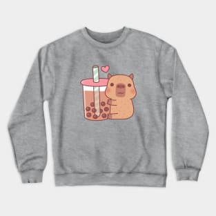 Cute Little Capybara Hugs Bubble Tea Crewneck Sweatshirt